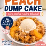 Peach dump cake topped with a scoop of vanilla ice cream on a dessert plate, surrounded by fresh peach slices and cinnamon sticks. The image includes text highlighting that the recipe uses 3 cans of peaches instead of 2 for extra flavor and is perfect for potlucks, parties, family dinners, and summer desserts.