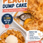Peach dump cake topped with a scoop of vanilla ice cream on a dessert plate, surrounded by fresh peach slices and cinnamon sticks. The image includes text highlighting that the recipe uses 3 cans of peaches instead of 2 for extra flavor and is perfect for potlucks, parties, family dinners, and summer desserts.