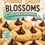 Peanut Butter cookies, topped with a chocolate kiss, stacked on a white plate, with a bowl of peanut butter on the table.