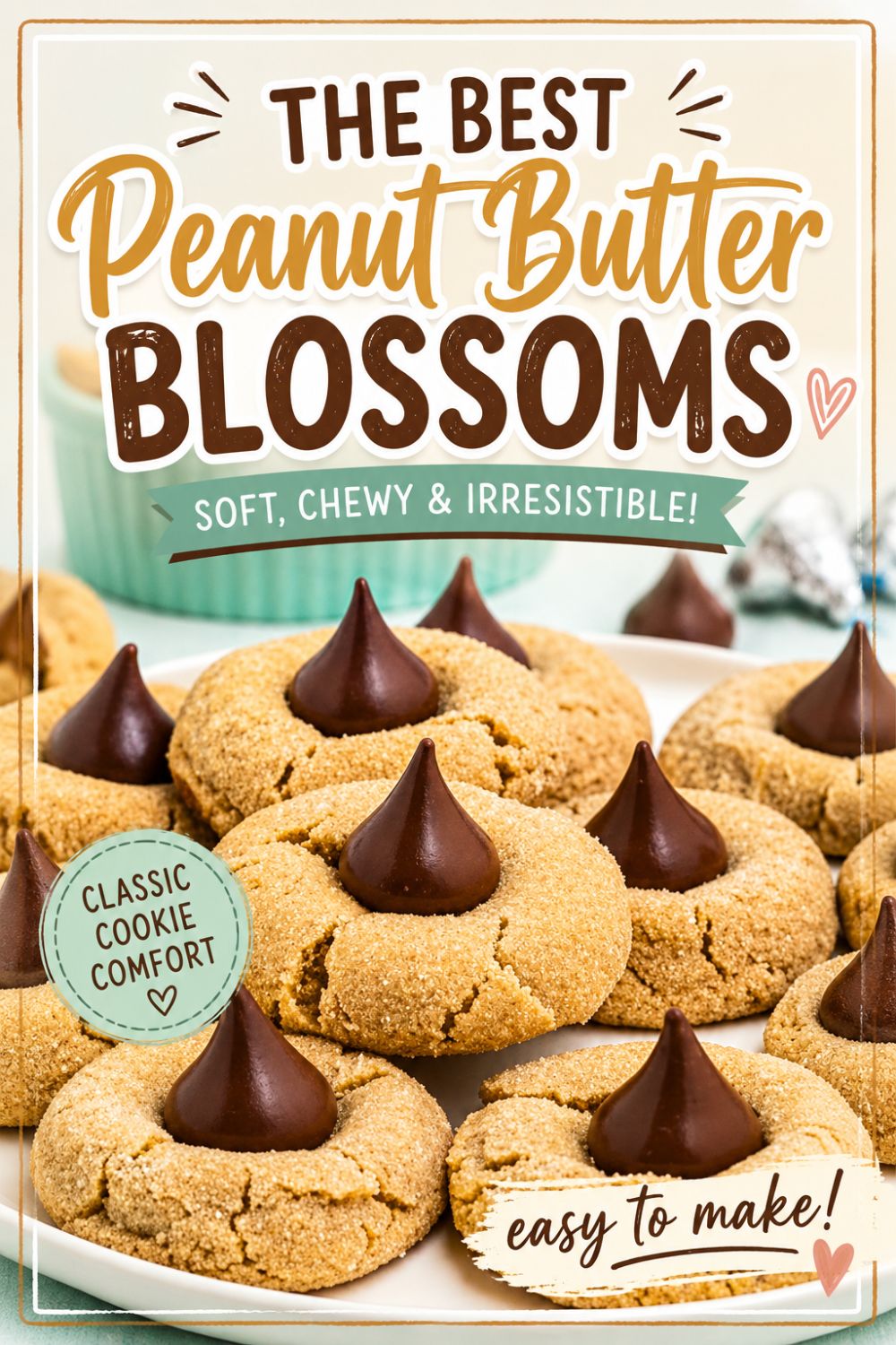 Peanut Butter cookies, topped with a chocolate kiss, stacked on a white plate, with a bowl of peanut butter on the table.