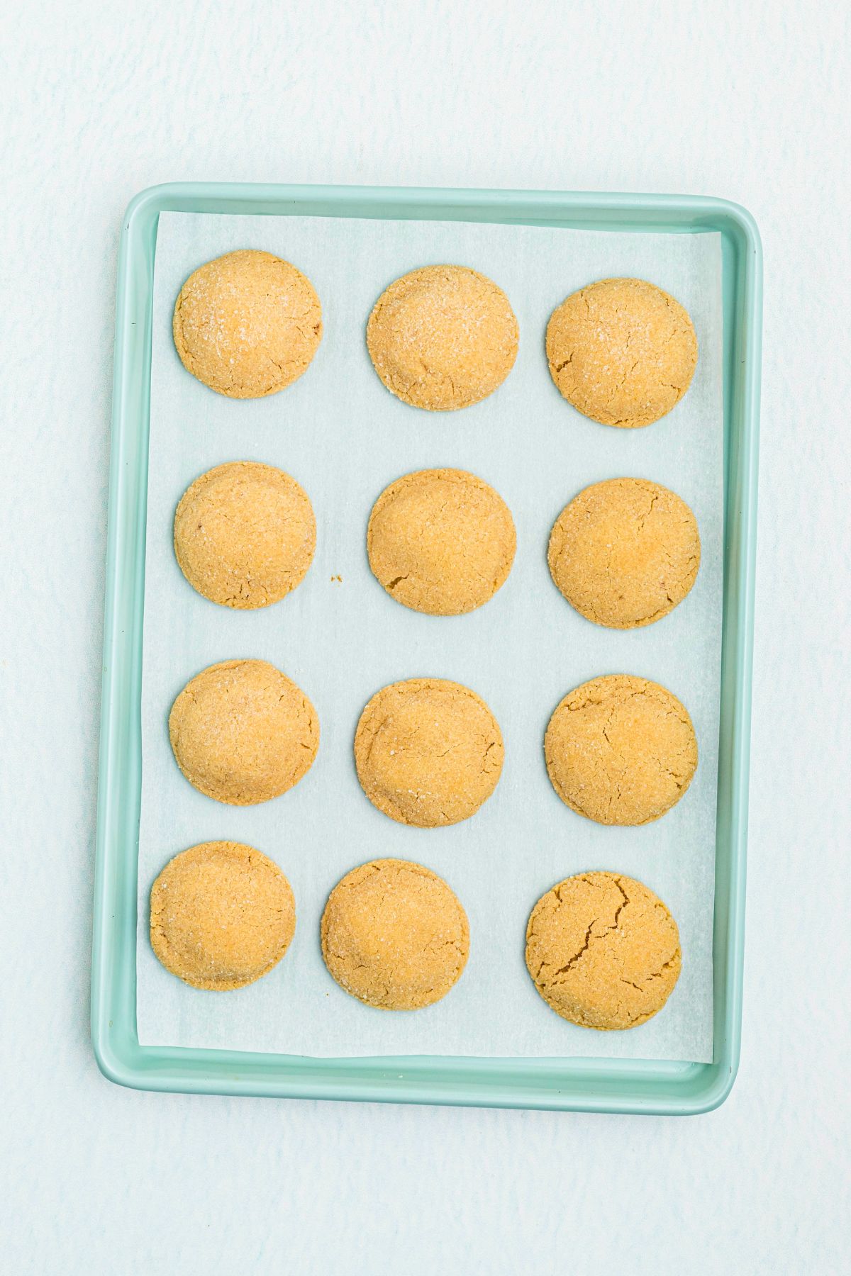 Peanut Butter cookies on a baking sheet, lined with parchment paper, after being baked. 