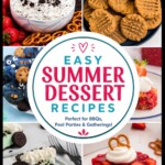 Collage of summer desserts including Oreo dip, coconut delight, grasshopper pie, strawberry dump cake, patriotic truffles, flag fruit pizza, Cookie Monster cookies, and strawberry pretzel salad.