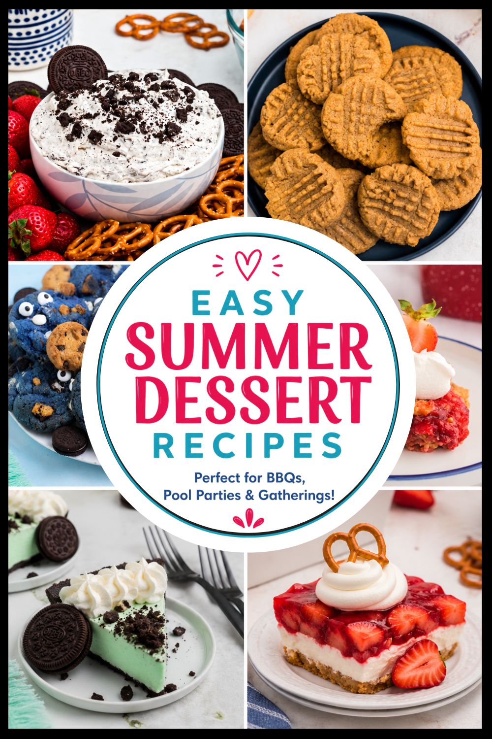 Collage of summer desserts including Oreo dip, coconut delight, grasshopper pie, strawberry dump cake, patriotic truffles, flag fruit pizza, Cookie Monster cookies, and strawberry pretzel salad.