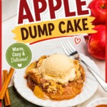 Slice of apple dump cake, topped with a scoop of ice cream, on a small round white plate, with apple slices in front of the plate.