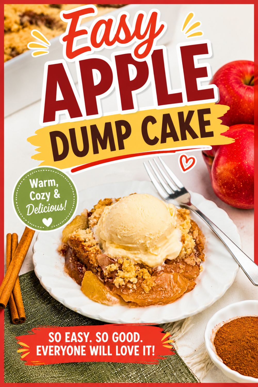 Slice of apple dump cake, topped with a scoop of ice cream, on a small round white plate, with apple slices in front of the plate.