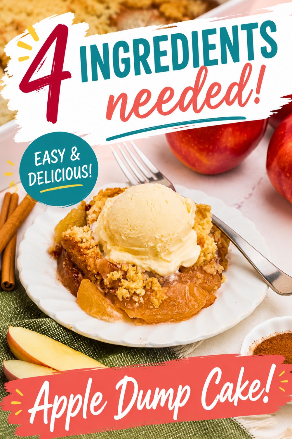 Slice of apple dump cake, topped with a scoop of ice cream, on a small round white plate, with apple slices in front of the plate.