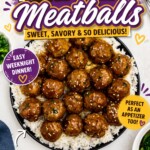 Black plate topped with white rite and juicy meatballs surrounded by chopped onions and sesame seeds on a marble table.