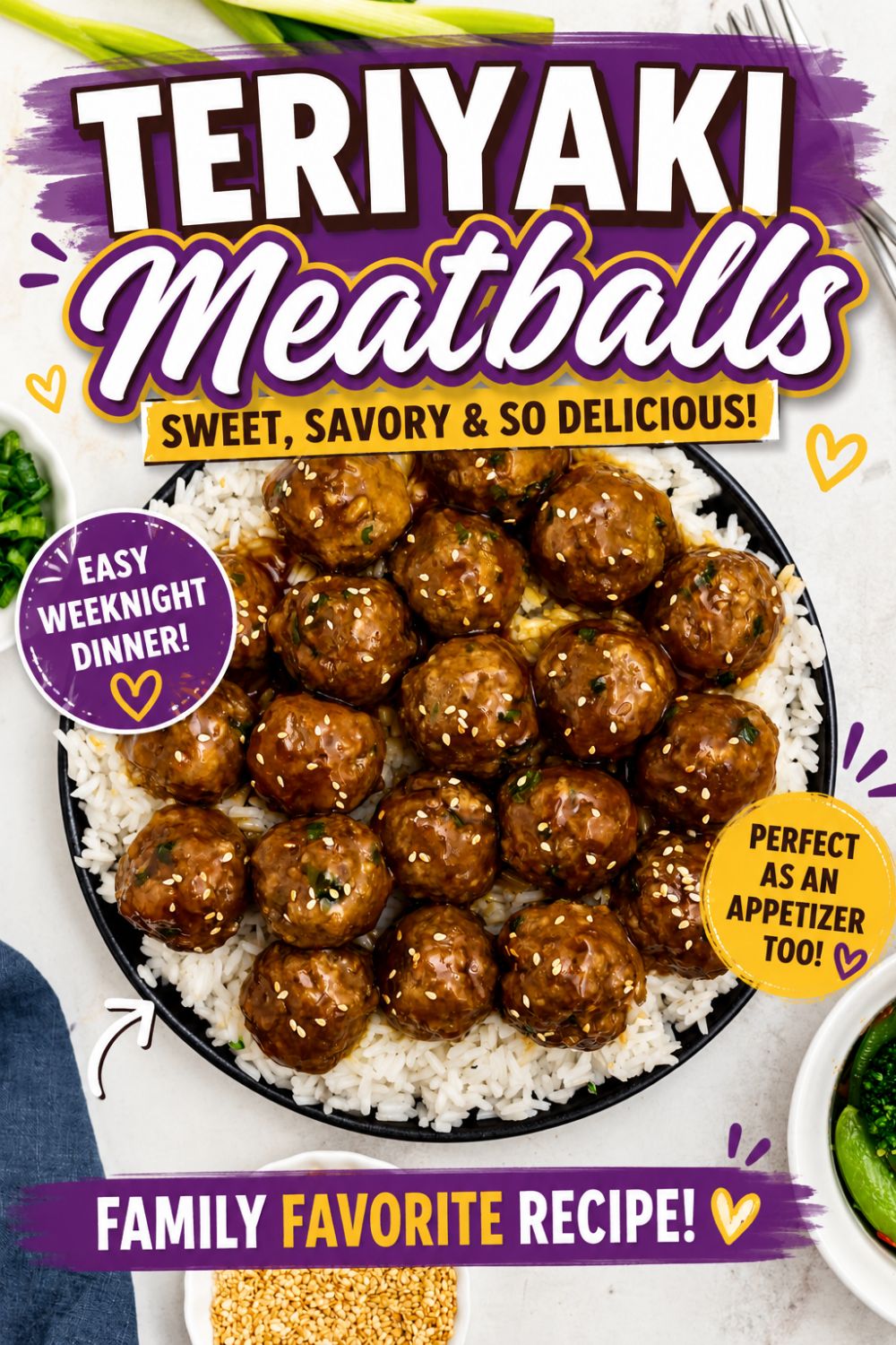 Black plate topped with white rite and juicy meatballs surrounded by chopped onions and sesame seeds on a marble table.