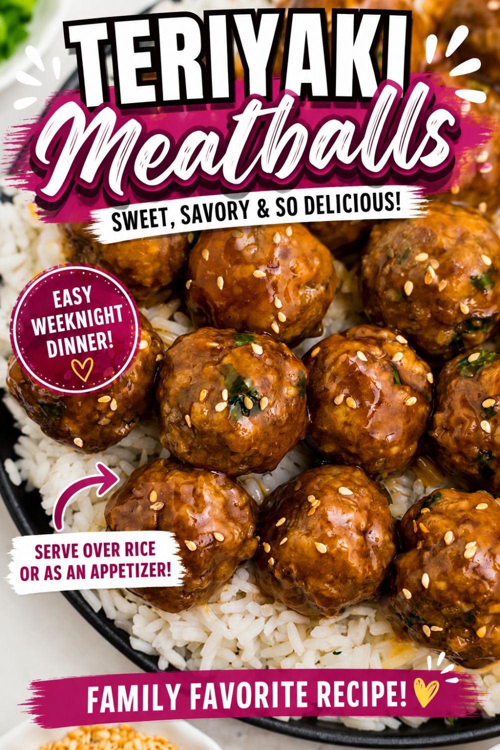 Black plate topped with white rite and juicy meatballs surrounded by chopped onions and sesame seeds on a marble table.