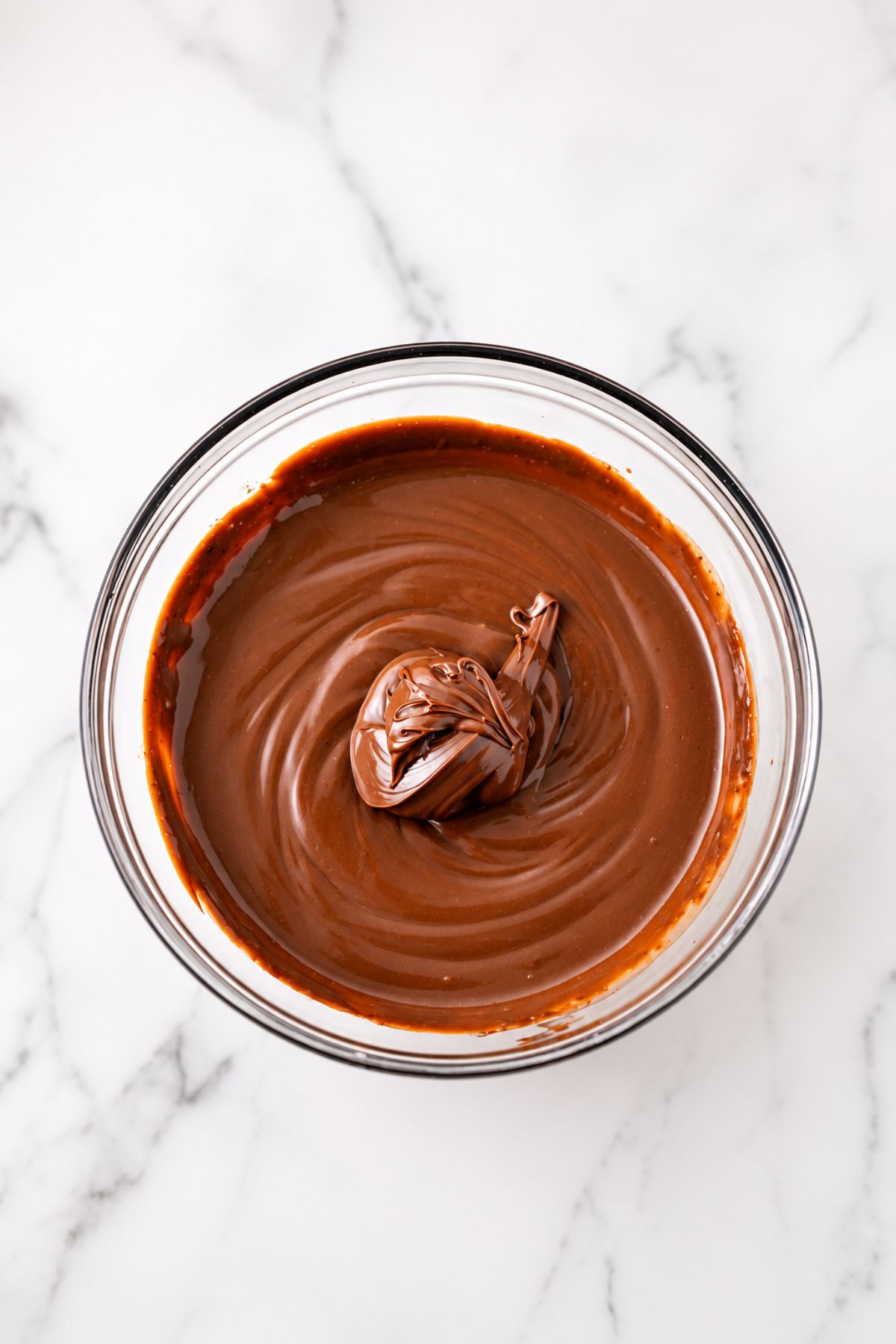 Large mixing bowl, filled with creamy chocolate pudding and a large portion of Nutella spread, before mixing together.