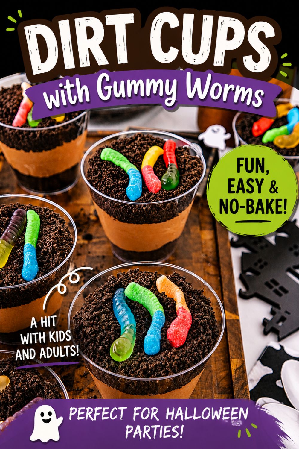 Small individual cups filled with crushed cookies, whipped cream, and chocolate pudding, topped with gummy worms, on a wooden cutting board.
