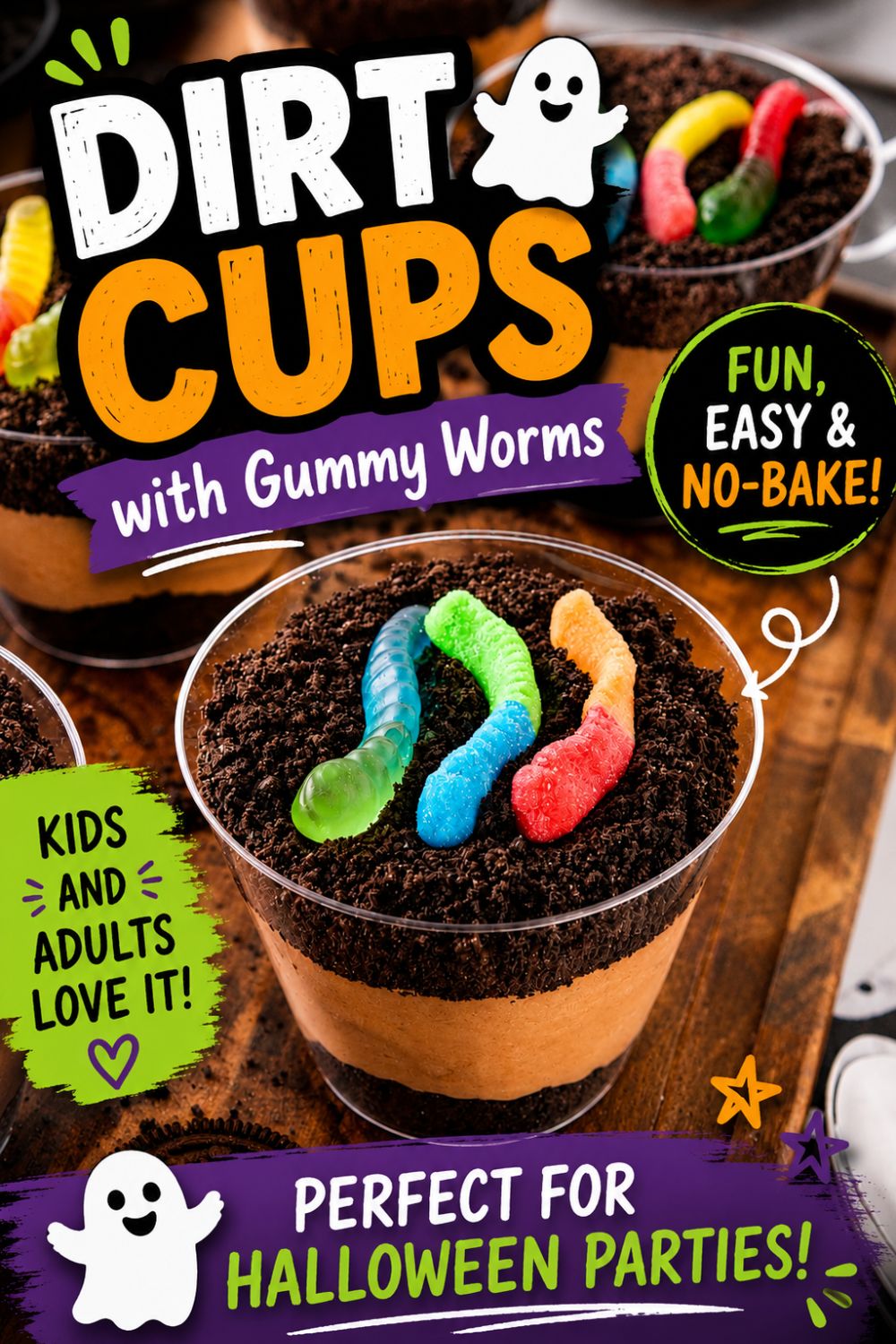Small individual cups filled with crushed cookies, whipped cream, and chocolate pudding, topped with gummy worms, on a wooden cutting board.
