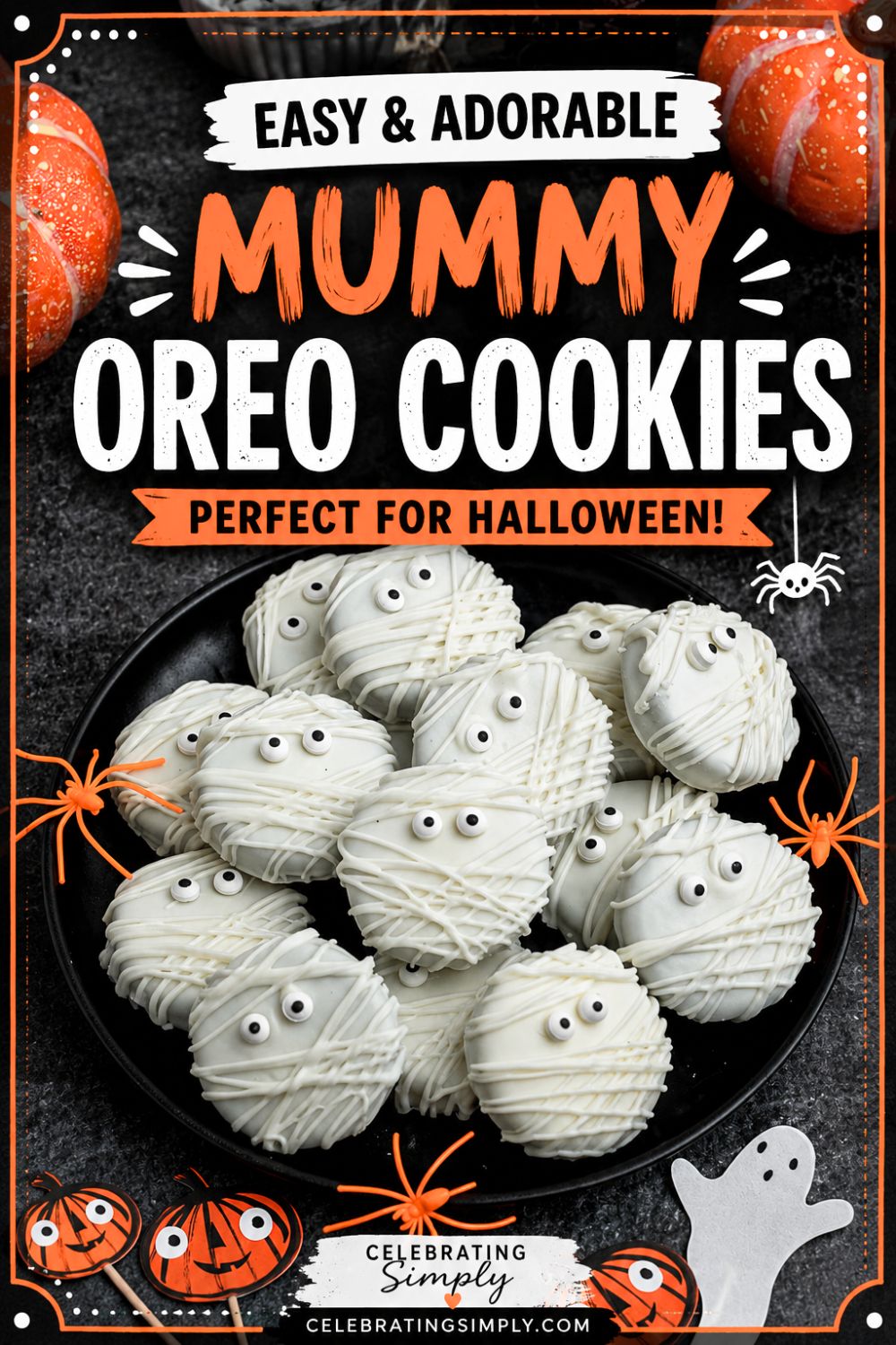 Oreo cookies, dipped and drizzled in white chocolate, with candy eyes, on a black plate, with orange spiders as decoration, on a black marble table.