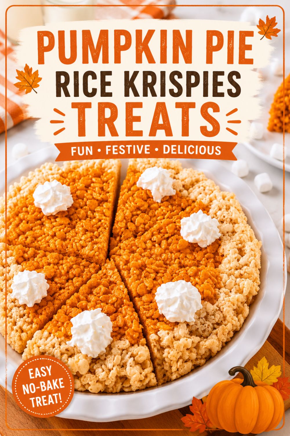 Pumpkin Pie Rice Krispies Treats shaped like pumpkin pie slices with an orange pumpkin-spiced center, crispy cereal crust, and whipped cream topping.