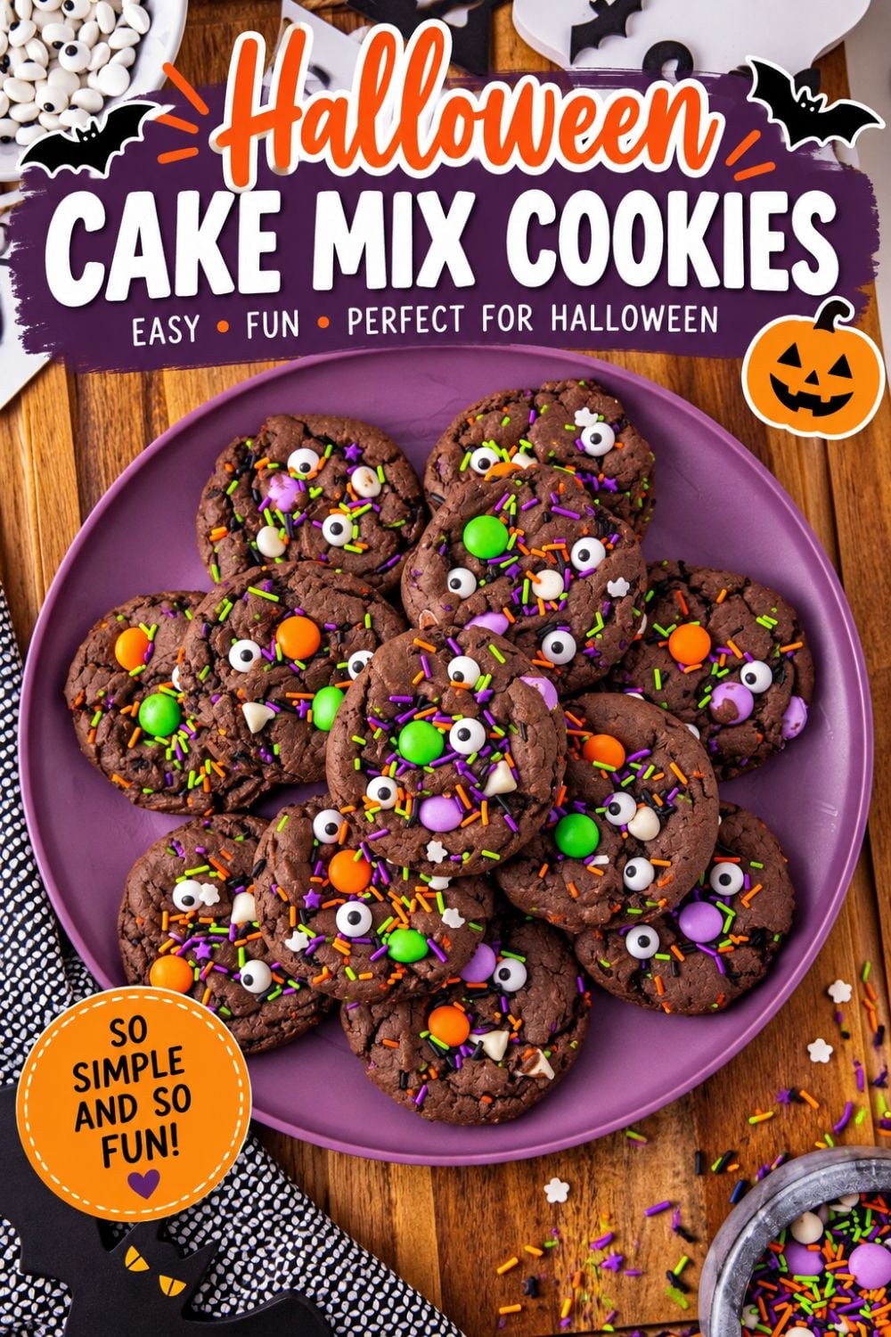 Chocolate cake mix cookies with sprinkles and candies mixed in, on a purple plate.
