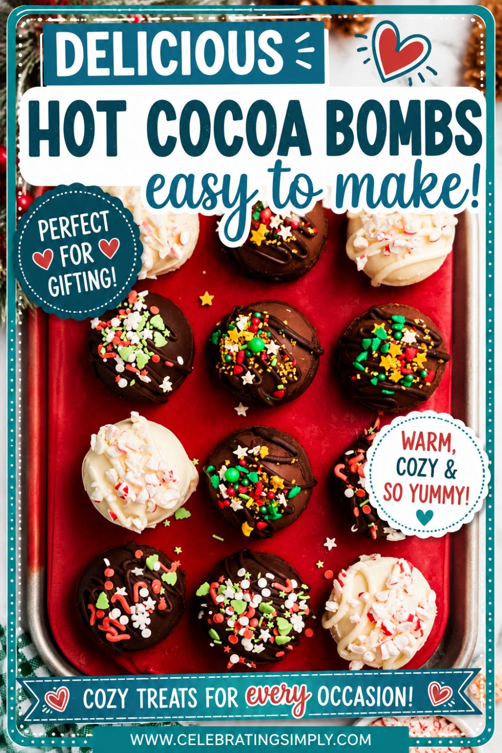 Chocolate and white chocolate cocoa bombs in a red silicone mold, with sprinkles on top of each, and lettering with title and site info.