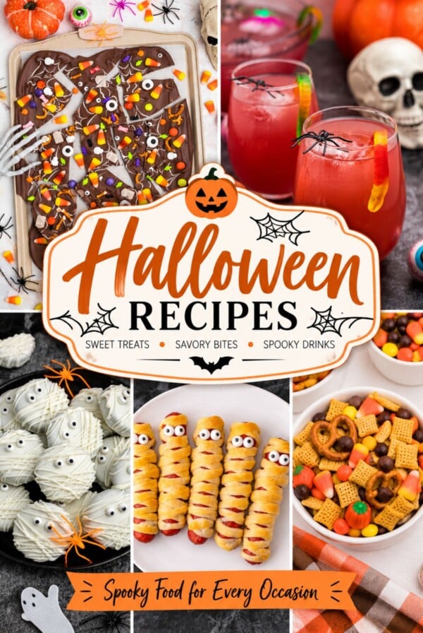 Halloween recipes roundup featuring Halloween chocolate bark, Halloween punch, mummy Oreo cookies, mummy hot dogs, and Halloween Chex Mix with festive orange, black, and purple decorations.