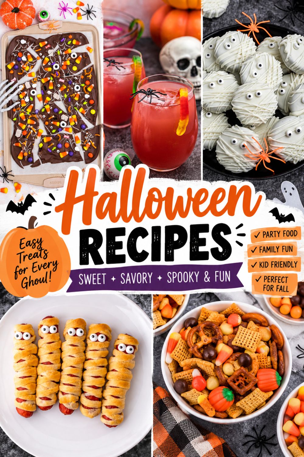 Halloween recipes roundup featuring Halloween chocolate bark, Halloween punch, mummy Oreo cookies, mummy hot dogs, and Halloween Chex Mix with festive orange, black, and purple decorations.