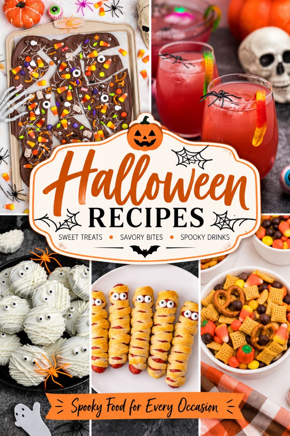 Halloween recipes roundup featuring Halloween chocolate bark, Halloween punch, mummy Oreo cookies, mummy hot dogs, and Halloween Chex Mix with festive orange, black, and purple decorations.