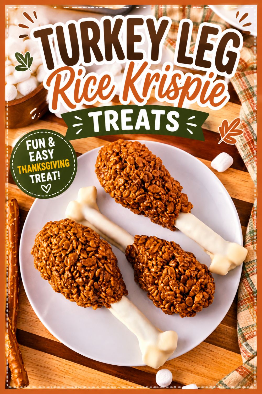 Turkey Leg Rice Krispie Treats shaped like turkey drumsticks with chocolate cereal treats and white candy bones, served on a plate for a fun Thanksgiving dessert.