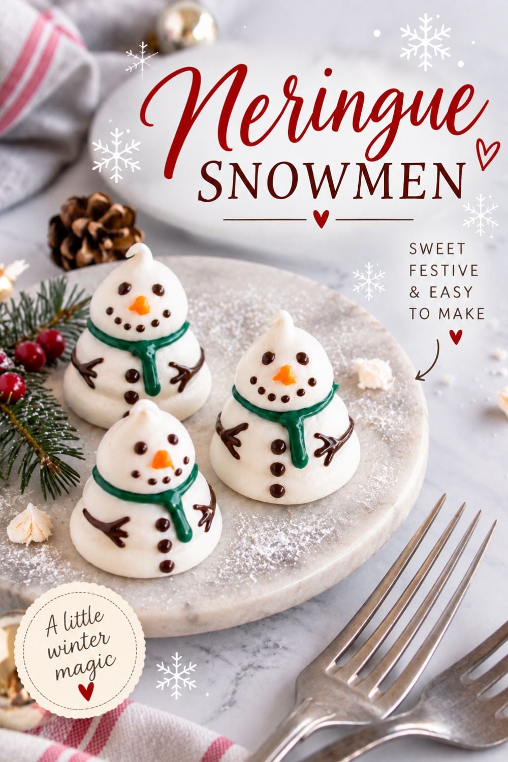 White meringue snowmen on a white plate with holiday decorations around the table.