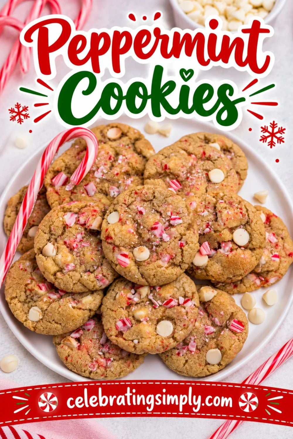 White chip peppermint cookies on a white plate with candy canes on the table.